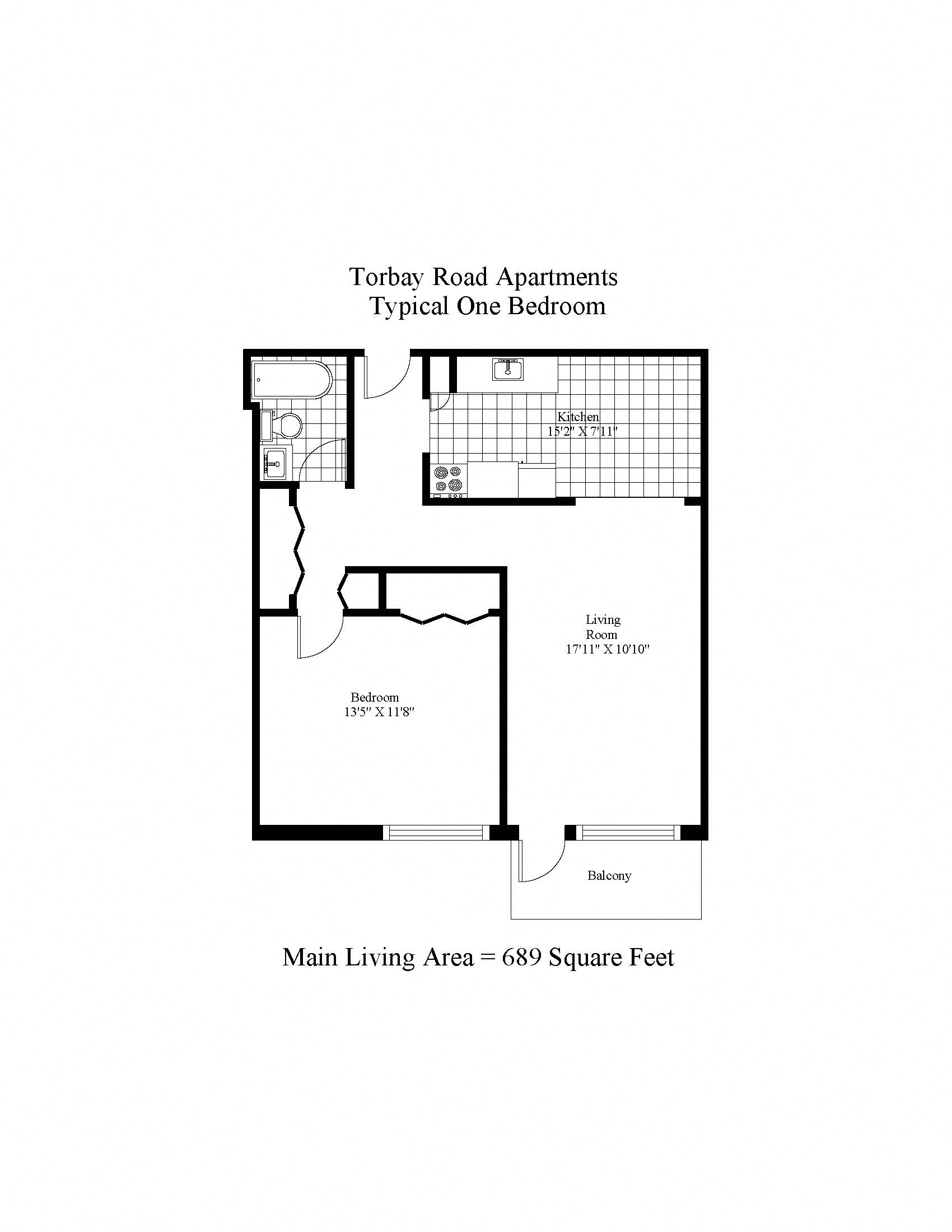 Floor plan for 1 bed, 1 bath, 689 sqft